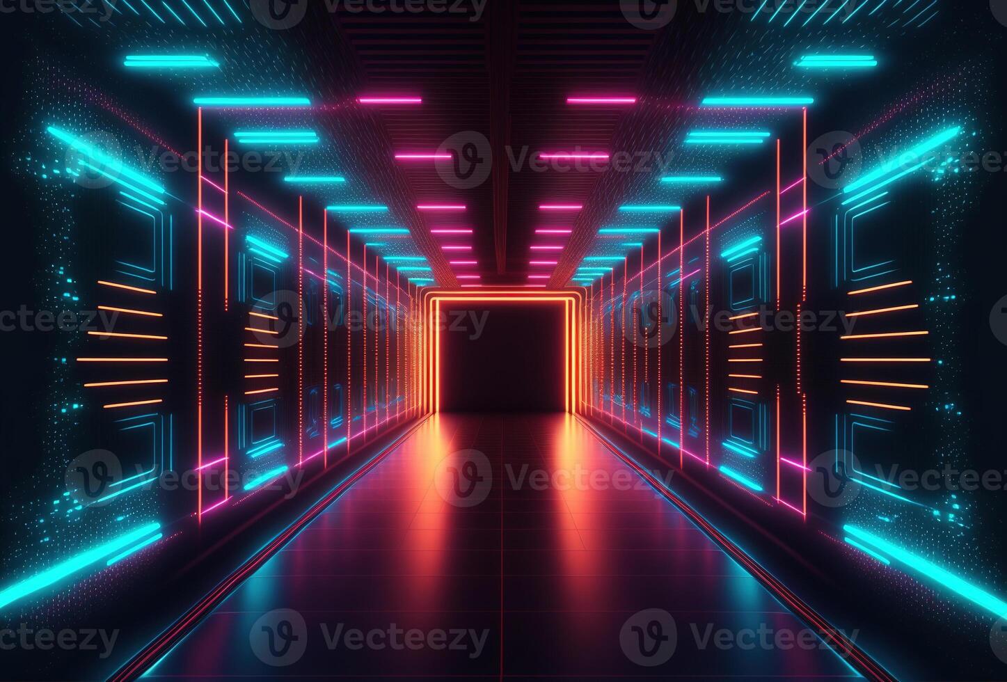A fantastic neon tunnel, the corridor of a spaceship. Immersion in virtual reality, artificial intelligence. Dark abstract background with multicolored glow. 3D rendering. . photo