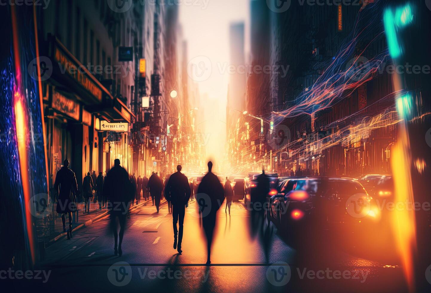 Dark silhouettes of people, rain, reflections in the wet asphalt. Night city street illuminated by neon light. 3D rendering. . photo