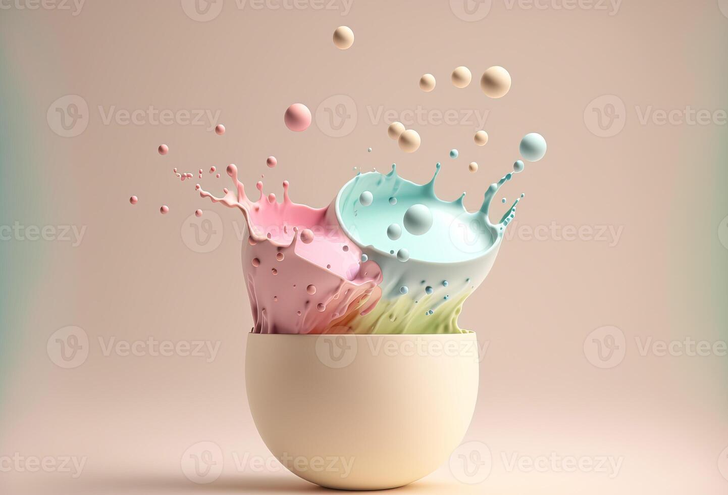 Drops of milk over a cup. Splash of milkshake, thick liquid, cream, colorful balls. Abstract pastel background. 3D rendering. . photo