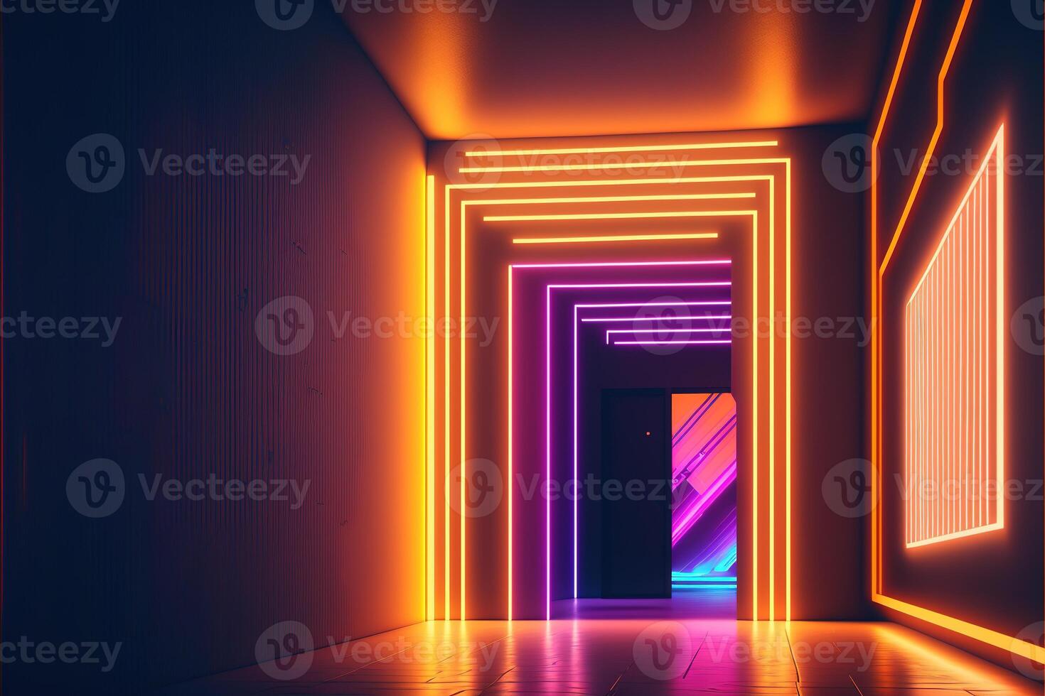Fantastic neon tunnel, virtual art gallery concept . Immersion in virtual reality, artificial intelligence. Dark abstract background with multicolored glow. 3D rendering. . photo