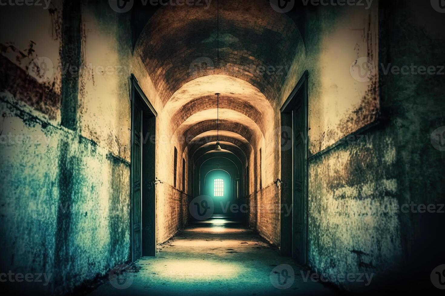 A long corridor in the old prison. A gloomy interior with shabby walls. A dilapidated, abandoned building, a dreadful, hopeless backdrop. photo