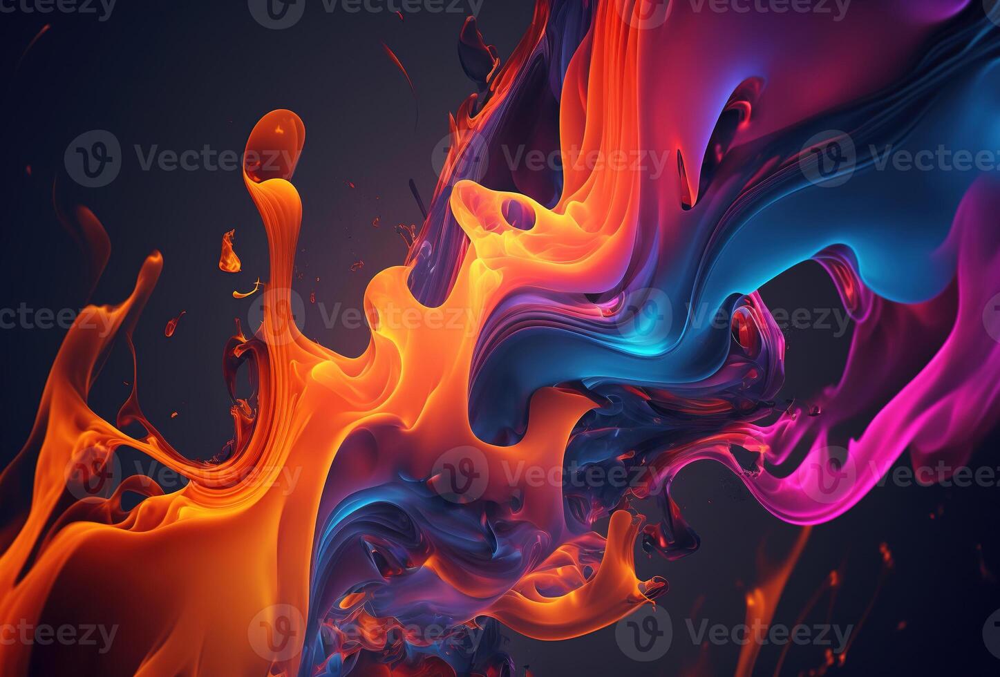 Multicolored neon fire on a dark background. Surrealistic flames of red, blue and yellow. Fantastic moving pattern. 3D render. . photo