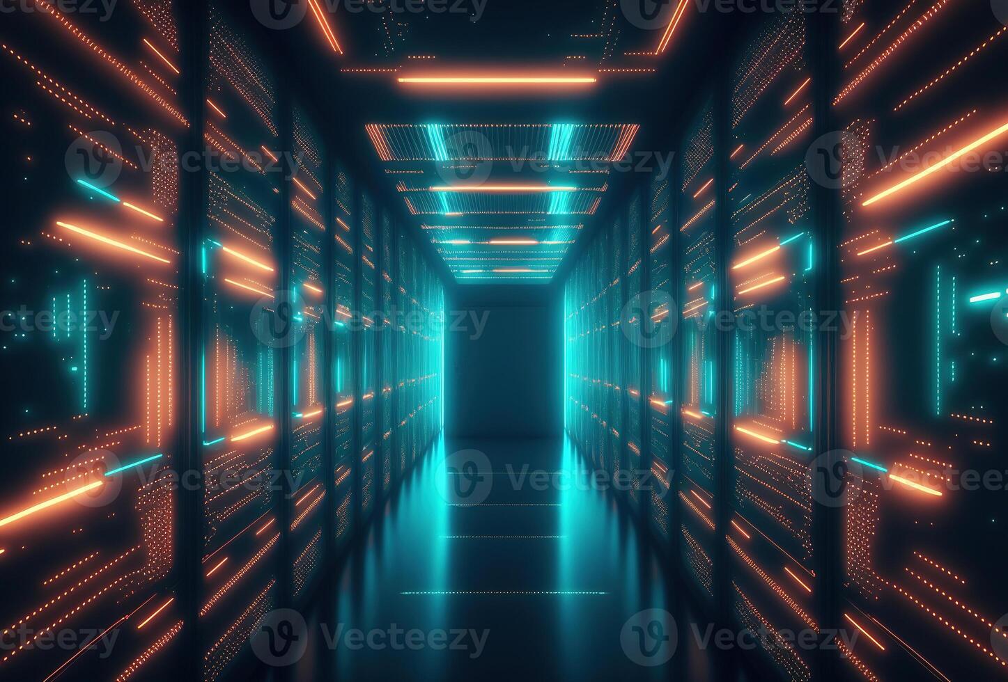 A fantastic neon tunnel, the corridor of a spaceship. Immersion in virtual reality, artificial intelligence. Dark abstract background with multicolored glow. 3D rendering. . photo