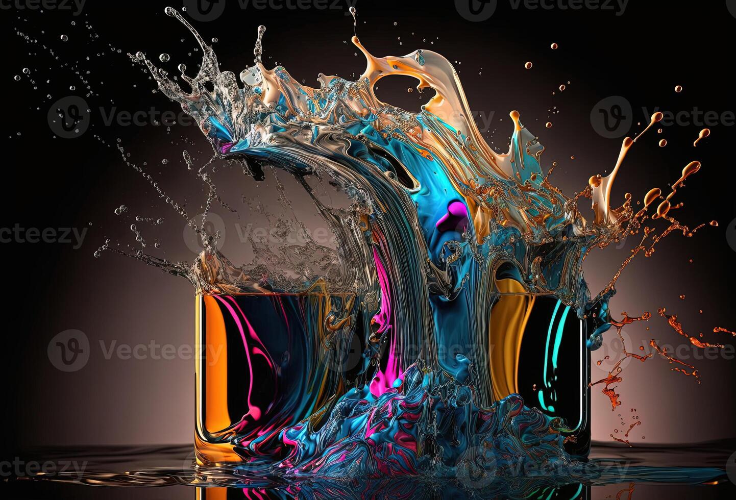 A splash of colorful liquid on a mirrored surface. An explosion of paint, ink. An immersive, abstract background. 3D rendering. photo