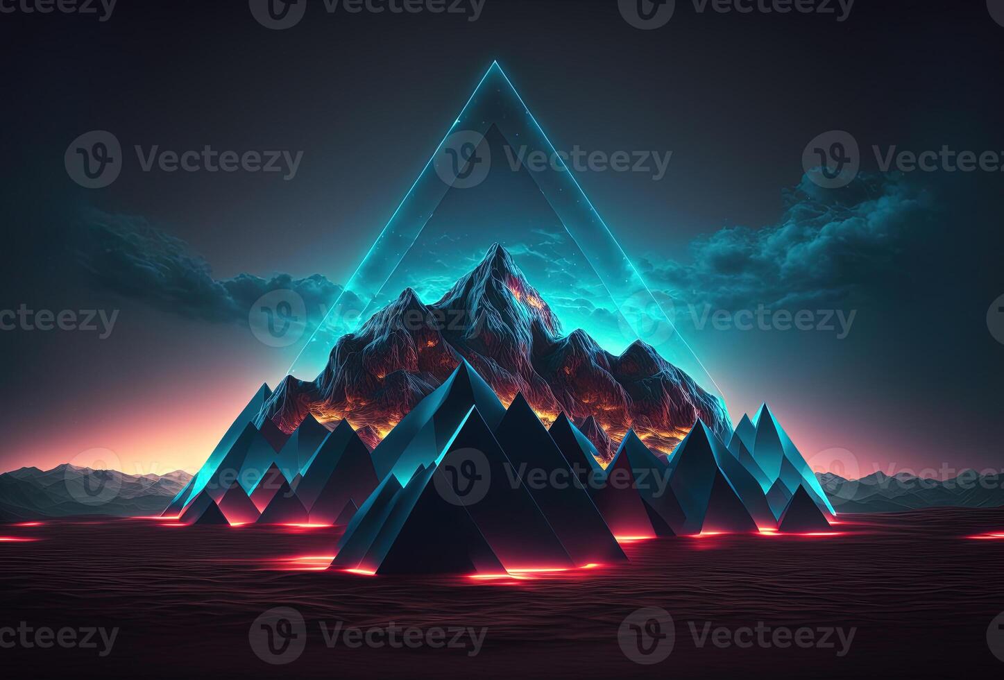 A futuristic landscape, low-polygon mountains illuminated by neon light on a gradient background. Immersion in a surreal digital virtual cyber world. 3D rendering. . photo