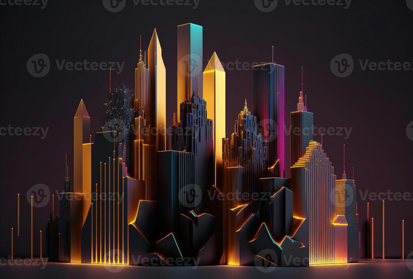 A futuristic night city in the distance glowing with neon light. Surrealistic skyscrapers. Cyberpunk, immersive world of the metaverse. 3D rendering. . photo