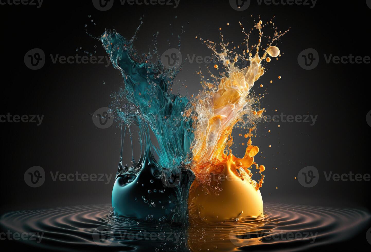 A splash of colorful liquid on a mirrored surface. An explosion of paint, ink. An immersive, abstract background. 3D rendering. photo