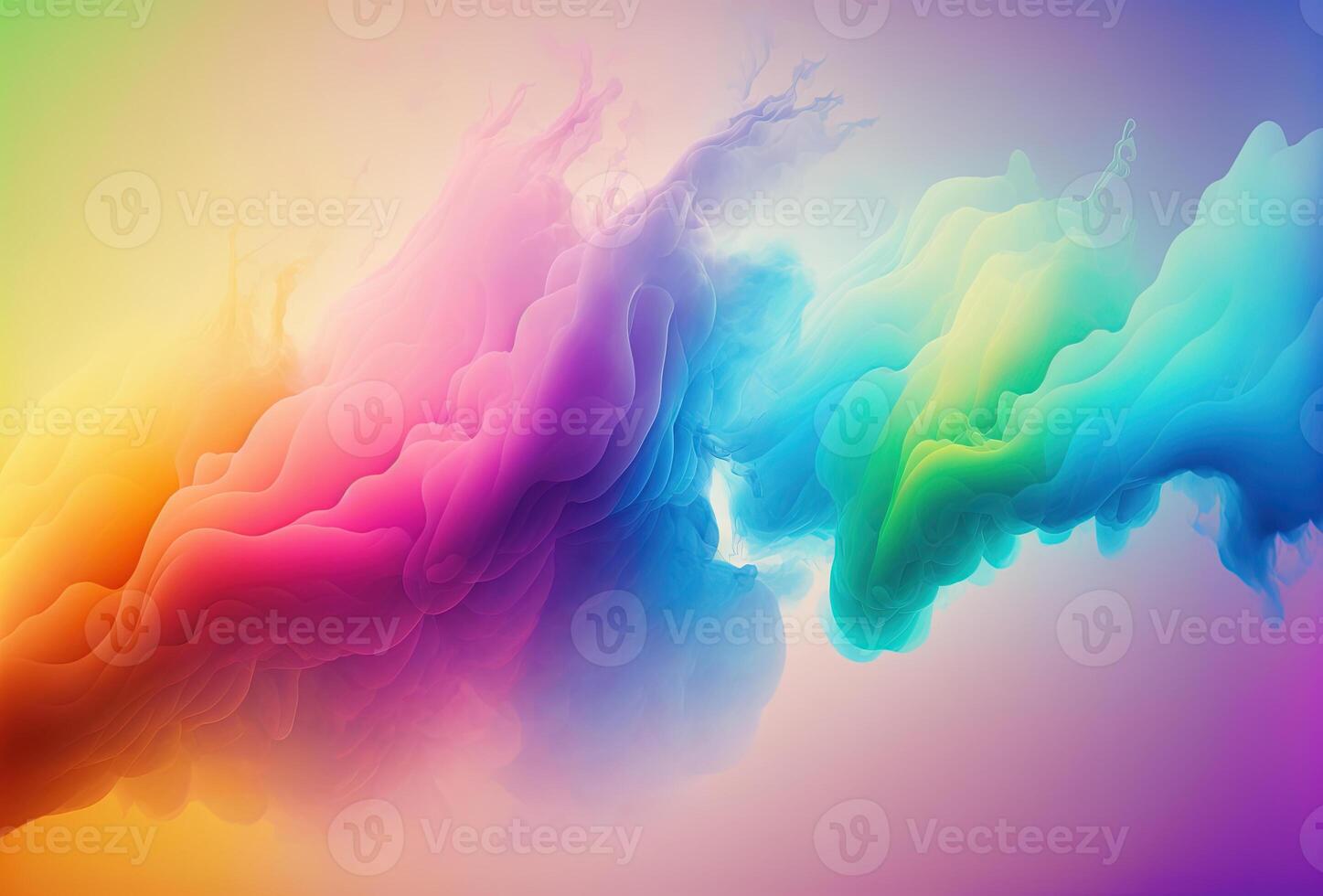 Clubs of multicolored neon smoke, ink. An explosion, a burst of holi paint. Abstract psychedelic pastel light background. 3D rendering. . photo