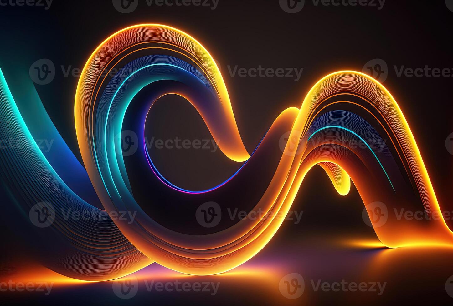 Neon colored waves on a dark background. Abstract glowing spectrum lines. Psychedelic aesthetic. 3D rendering. . photo