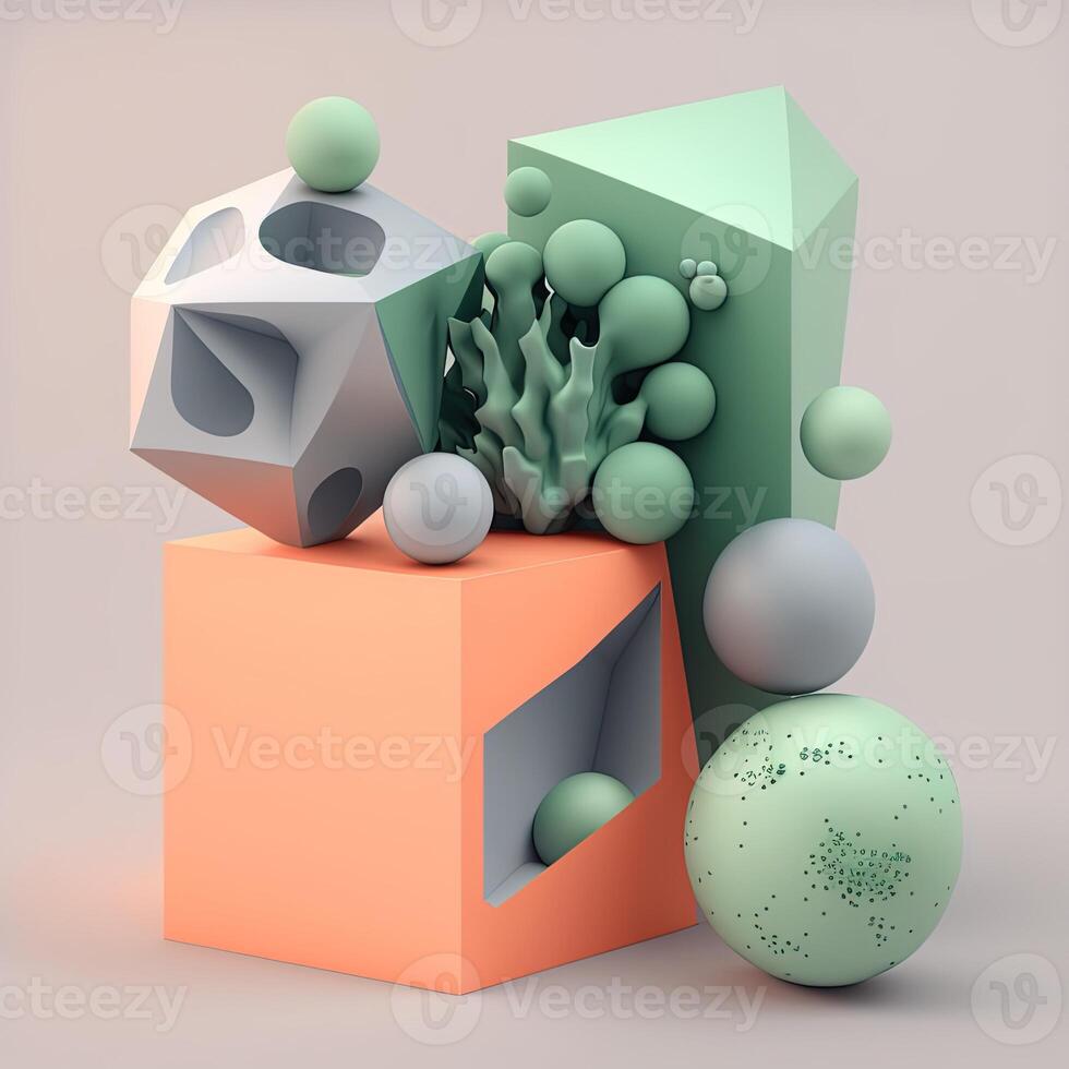 Abstract composition. Simple geometric shapes. Dark colored illustration. Floral elements. 3D rendering. . photo