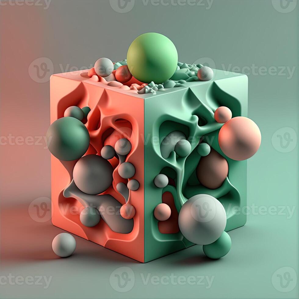 Abstract composition. Simple geometric shapes. Dark colored illustration. Floral elements. 3D rendering. . photo