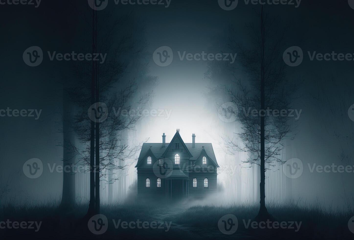 Scary old haunted house in the woods. Dwelling of a witch, a sorcerer. Mystical creepy night fog. 3D rendering. . photo