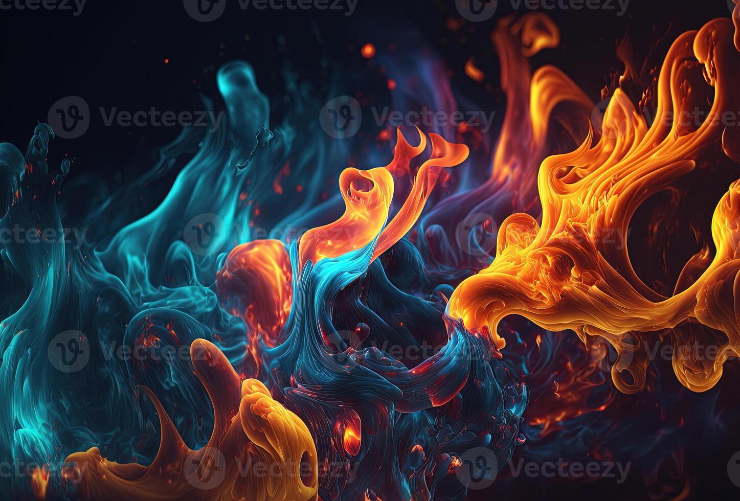 Multicolored neon fire on a dark background. Surrealistic flames of red, blue and yellow. Fantastic moving pattern. 3D render. . photo