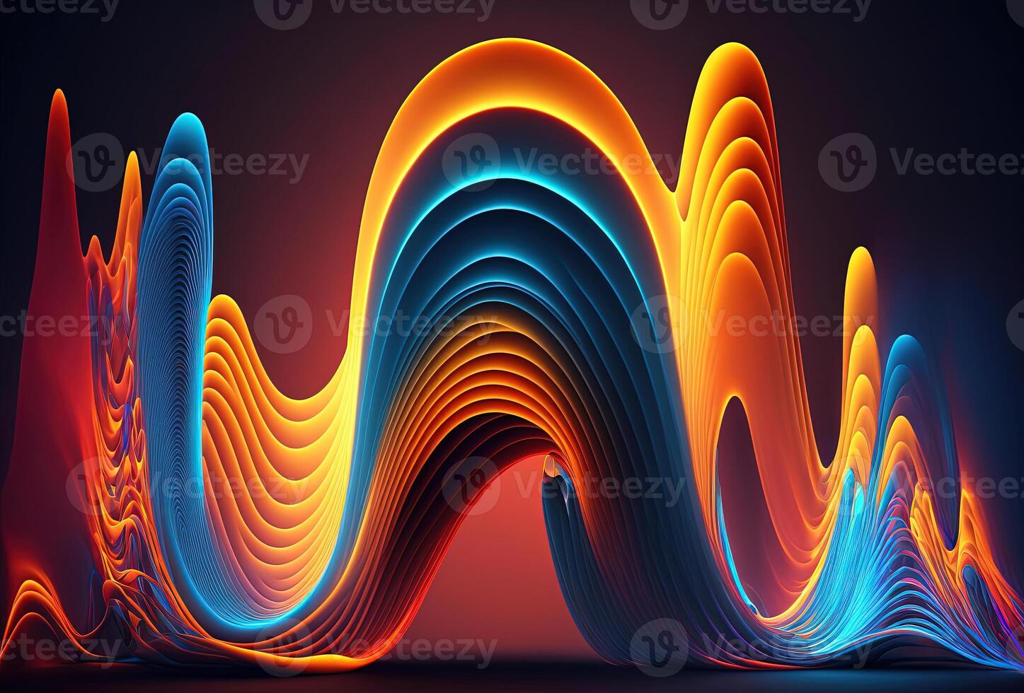 Neon colored waves on a dark background. Abstract glowing spectrum lines. Psychedelic aesthetic. 3D rendering. . photo