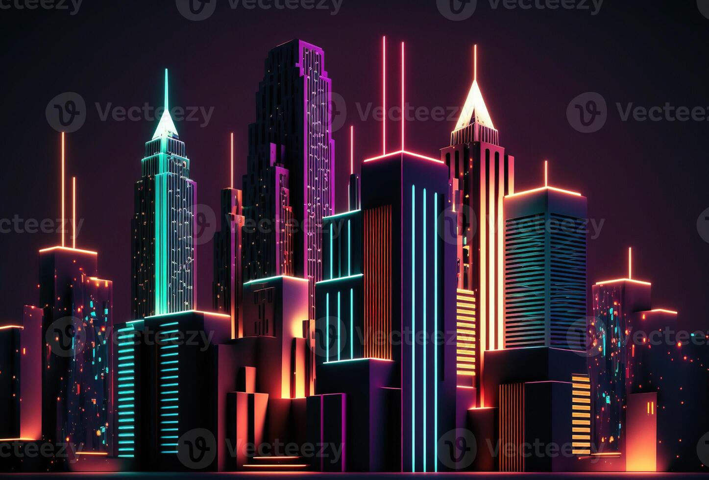 A futuristic night city in the distance glowing with neon light. Surrealistic skyscrapers. Cyberpunk, immersive world of the metaverse. 3D rendering. . photo
