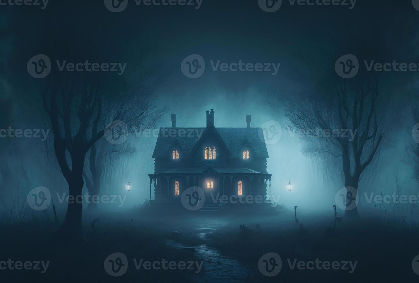 Scary old haunted house in the woods. Dwelling of a witch, a sorcerer. Mystical creepy night fog. 3D rendering. . photo