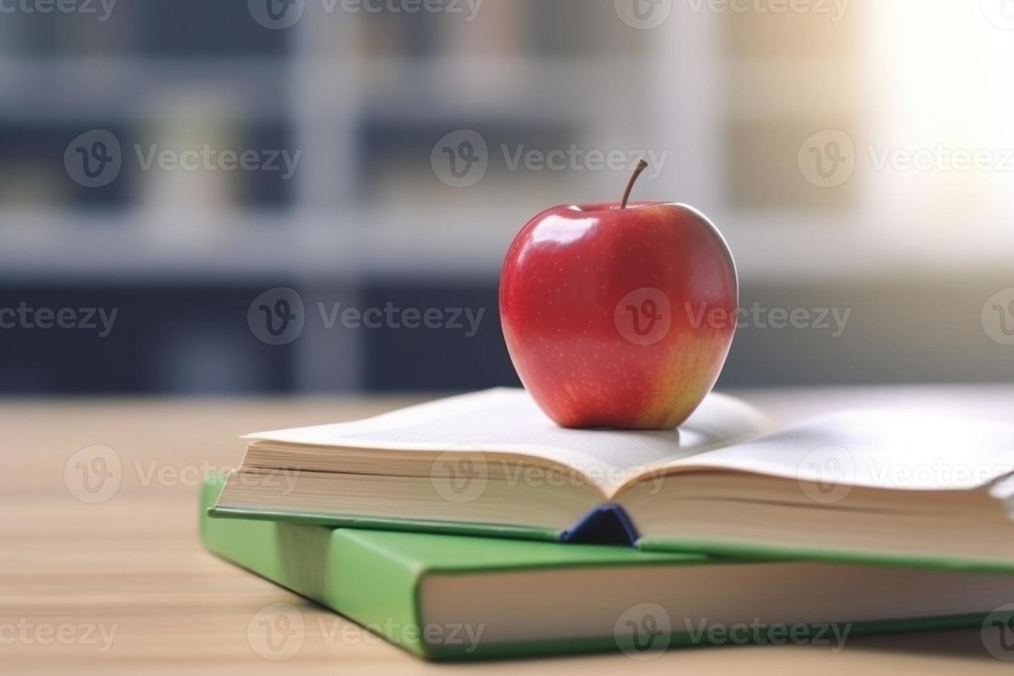 Red apple on opeb book. Generate Ai photo