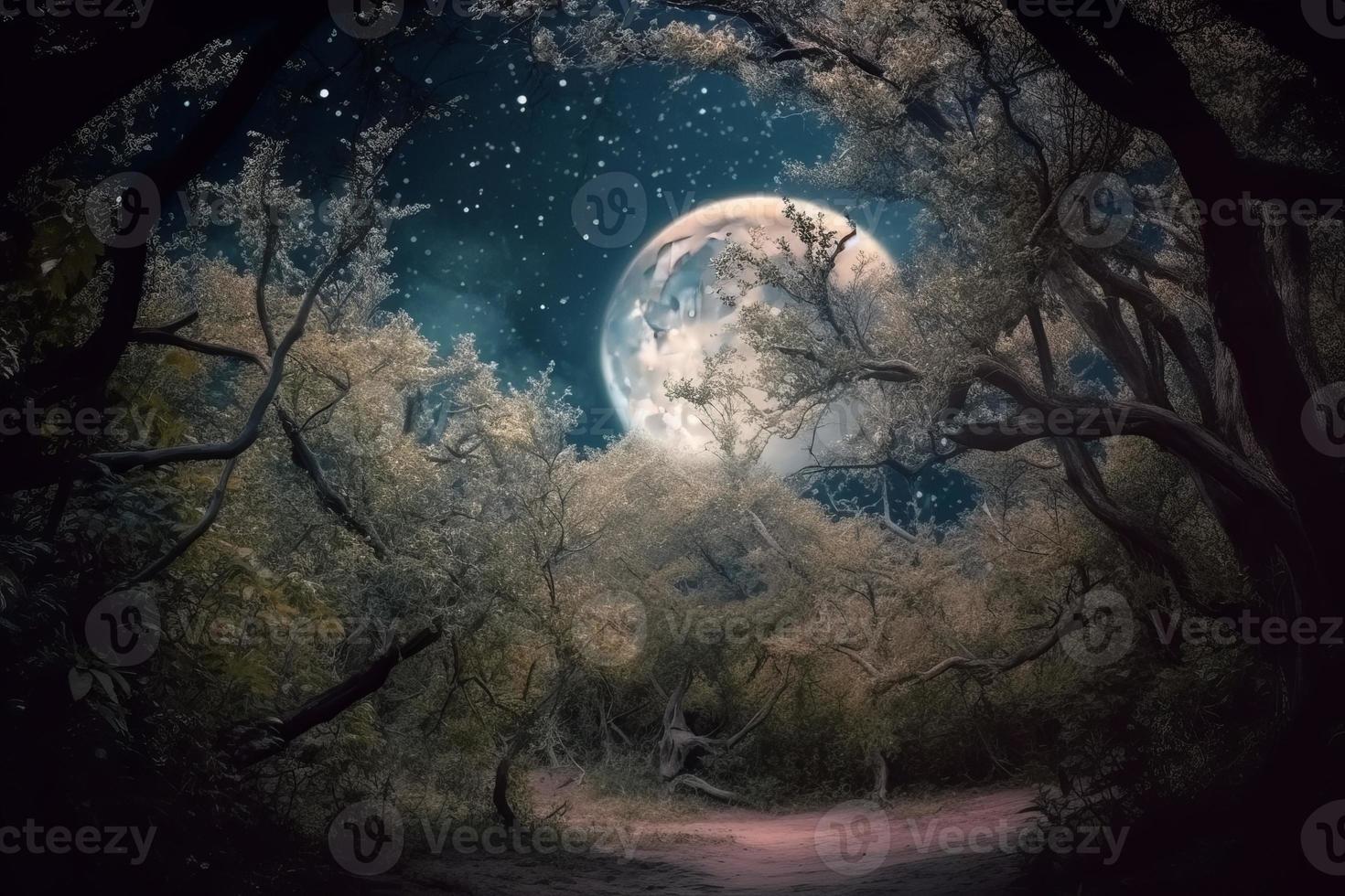 Fairy winter forest moon. Generate Ai photo