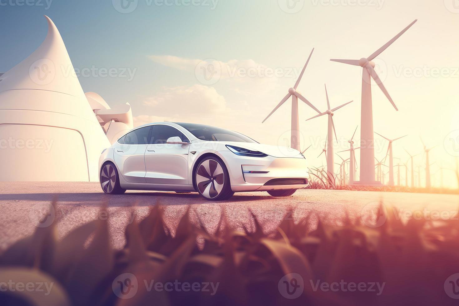White electric car. Generate Ai photo