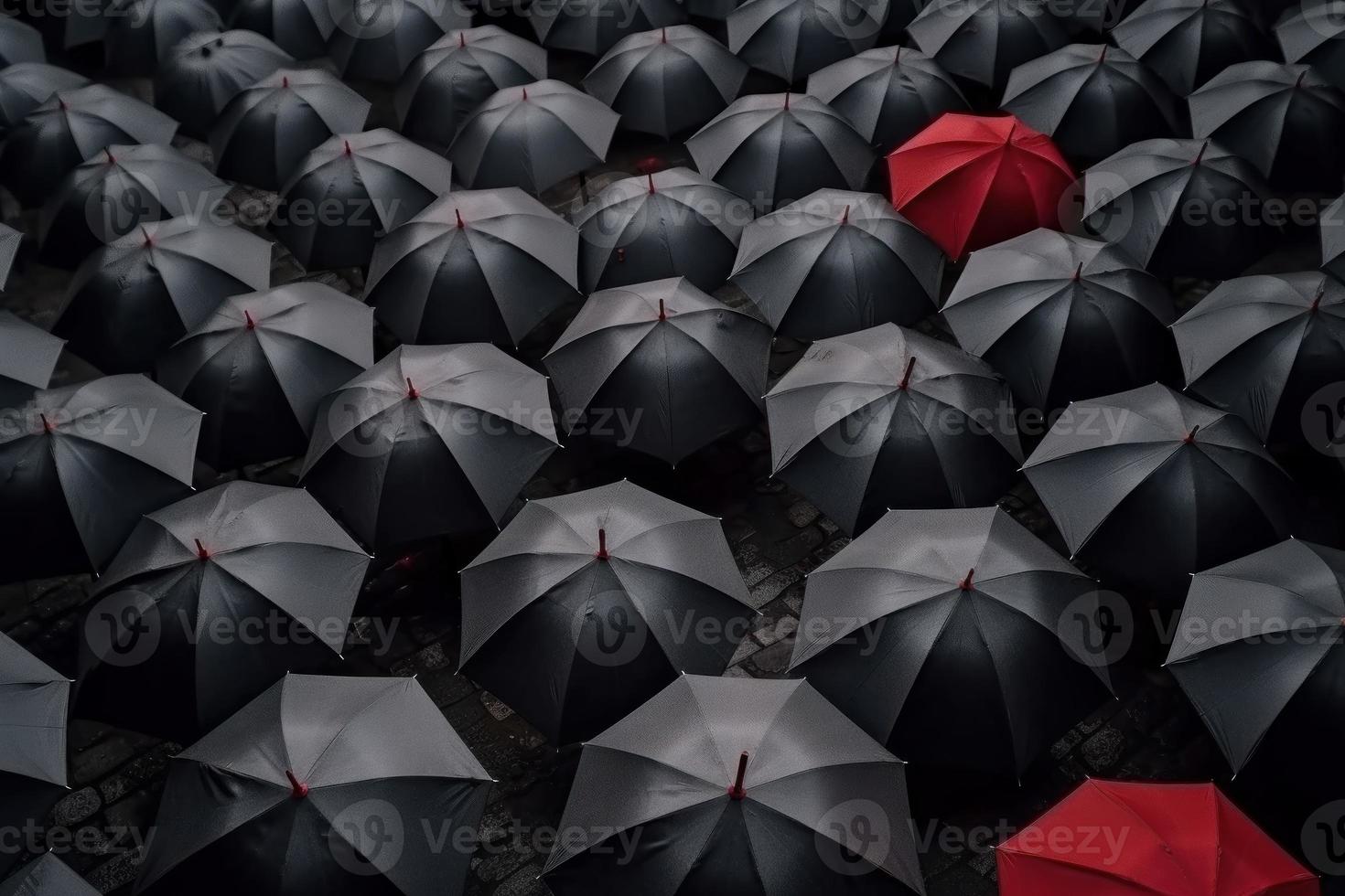 Black umbrellas with two red. Generate Ai photo