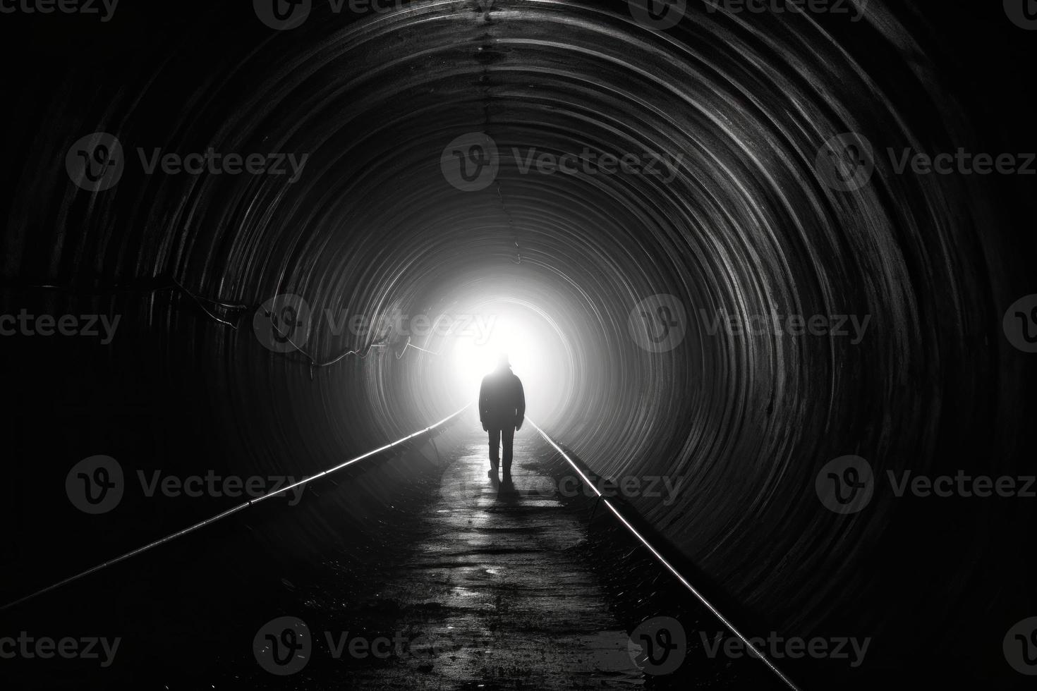 Dark tunnel with man in light. Generate Ai photo