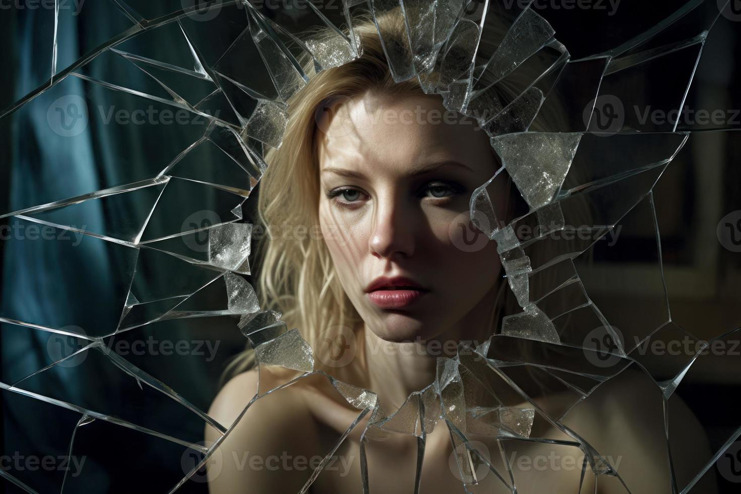 Woman broken glass view. Generate Ai photo
