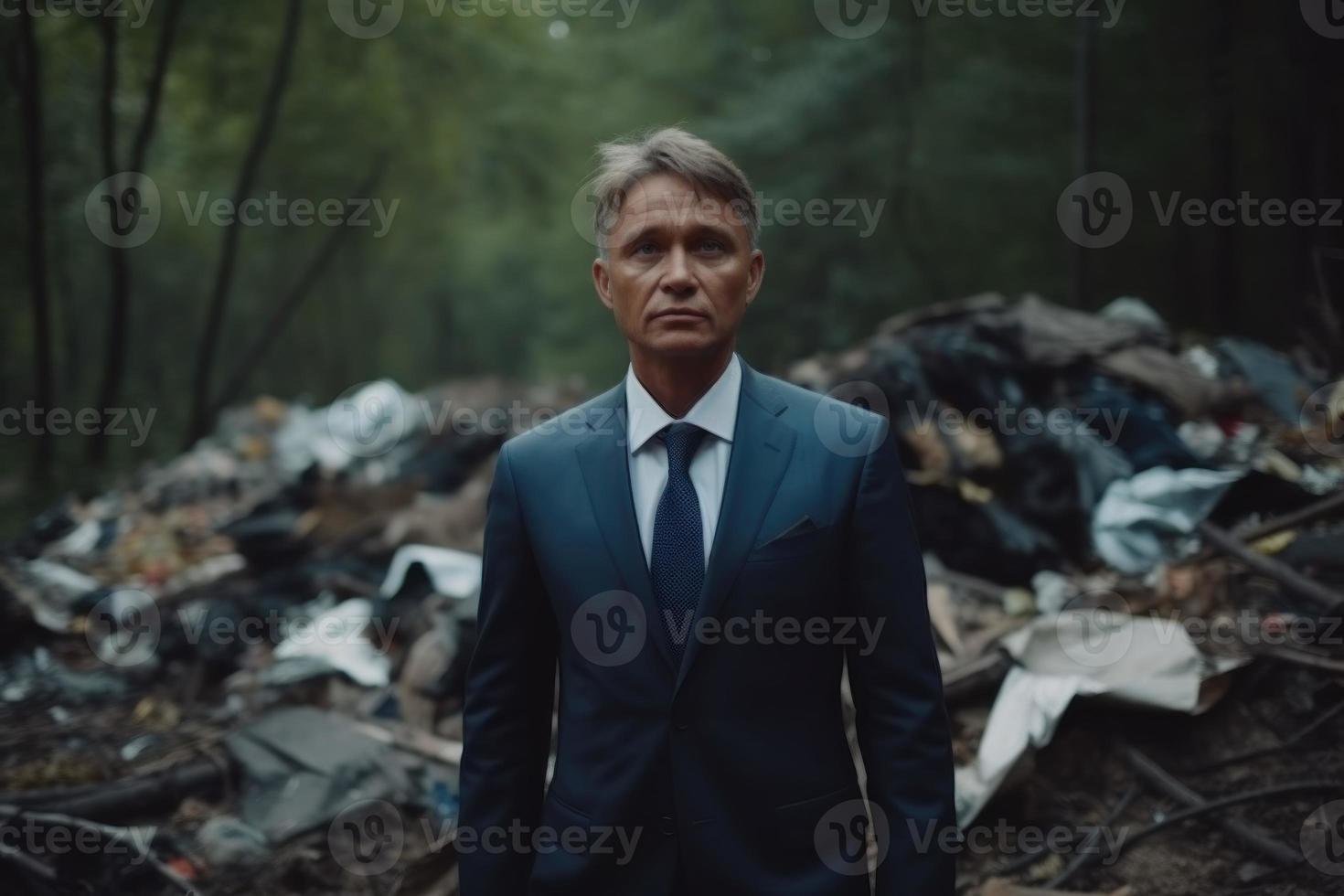 Businessman in suit stands in garbage forest. Generate Ai photo