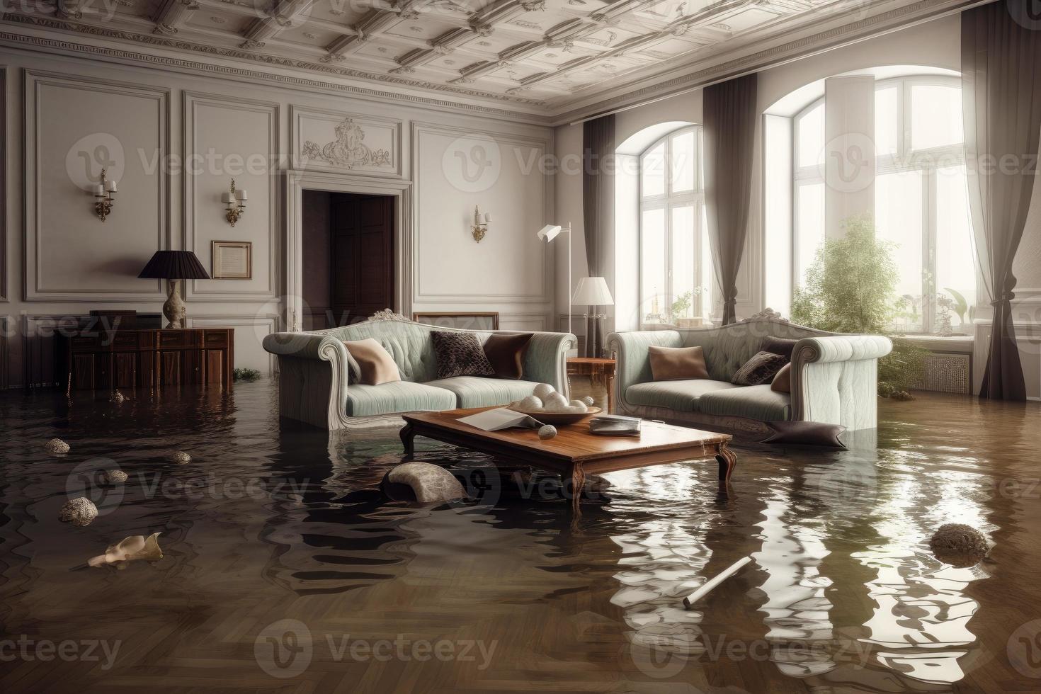 Water damage livingroom. Generate Ai photo