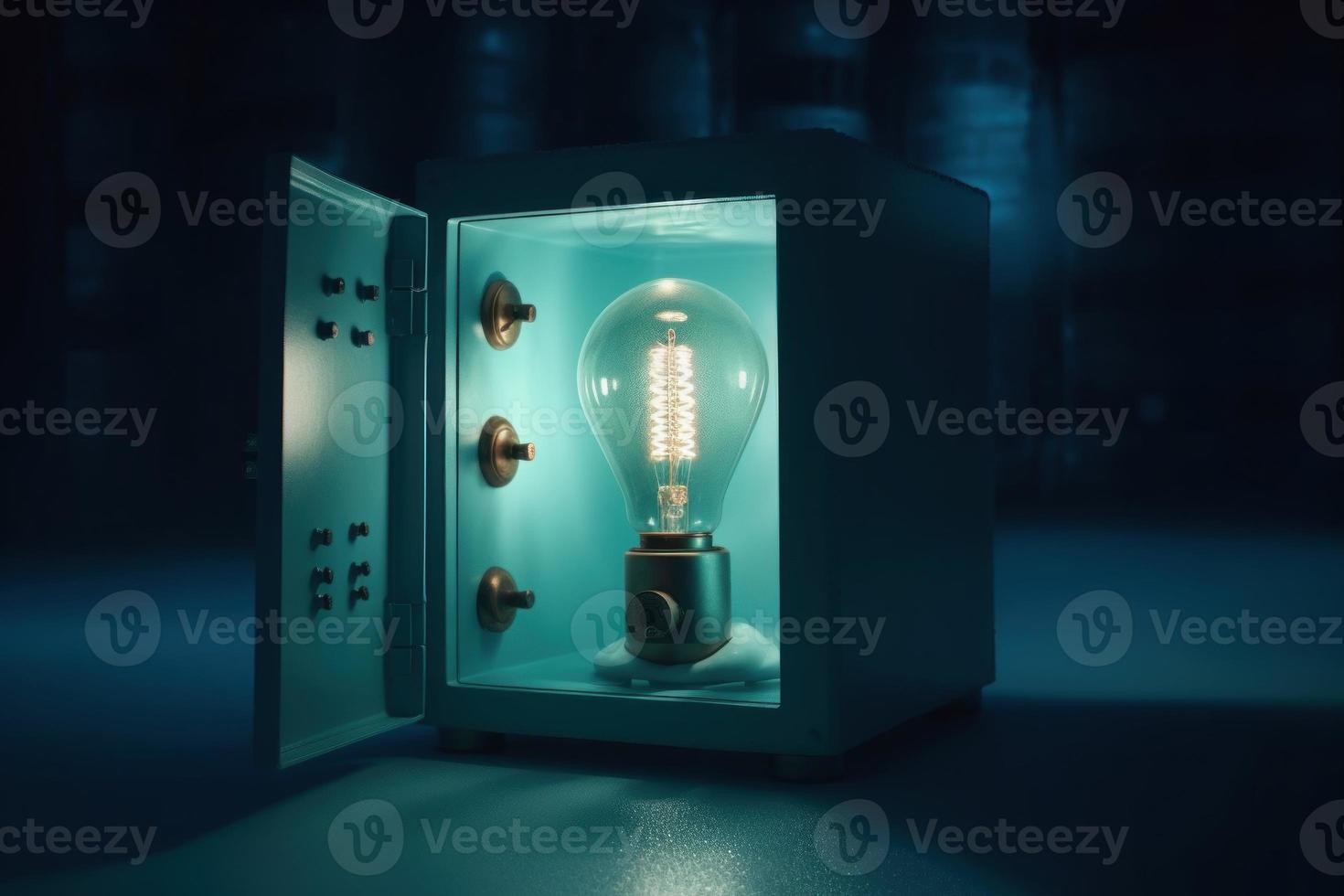 Safe box with bulb lamp. Generate Ai photo