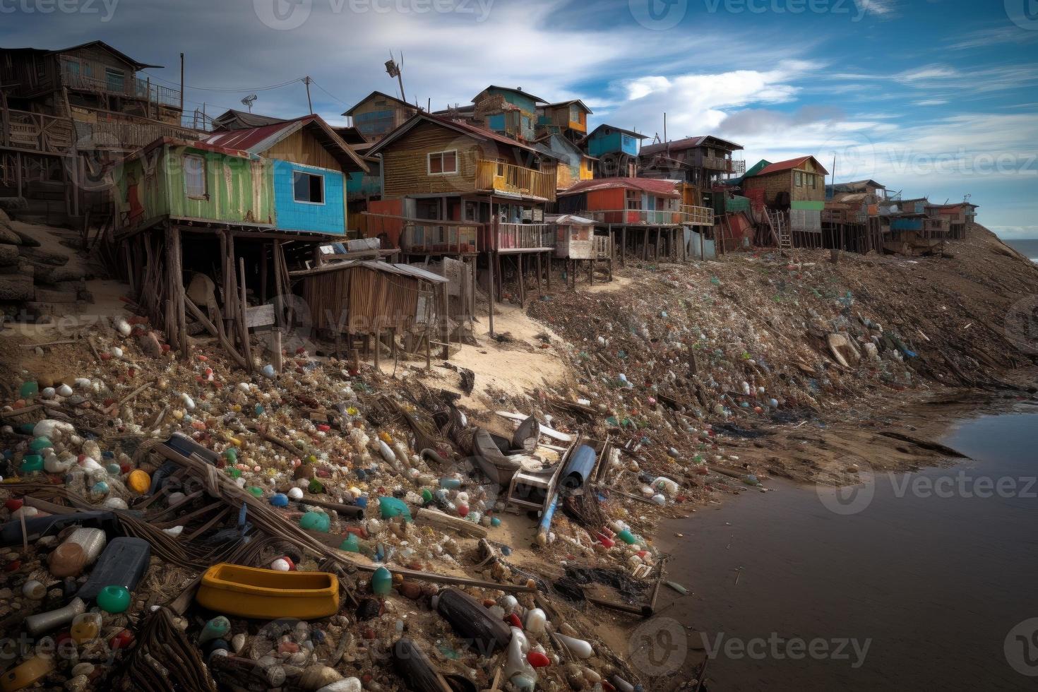 Rubbish beach village. Generate Ai photo