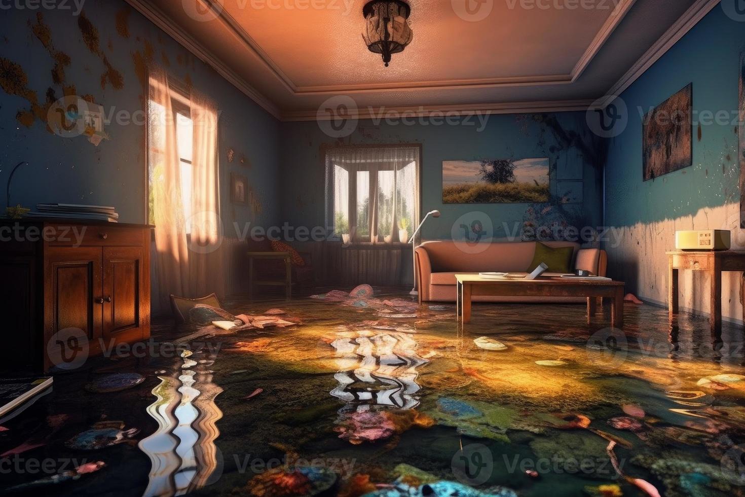 Water damage room. Generate Ai photo