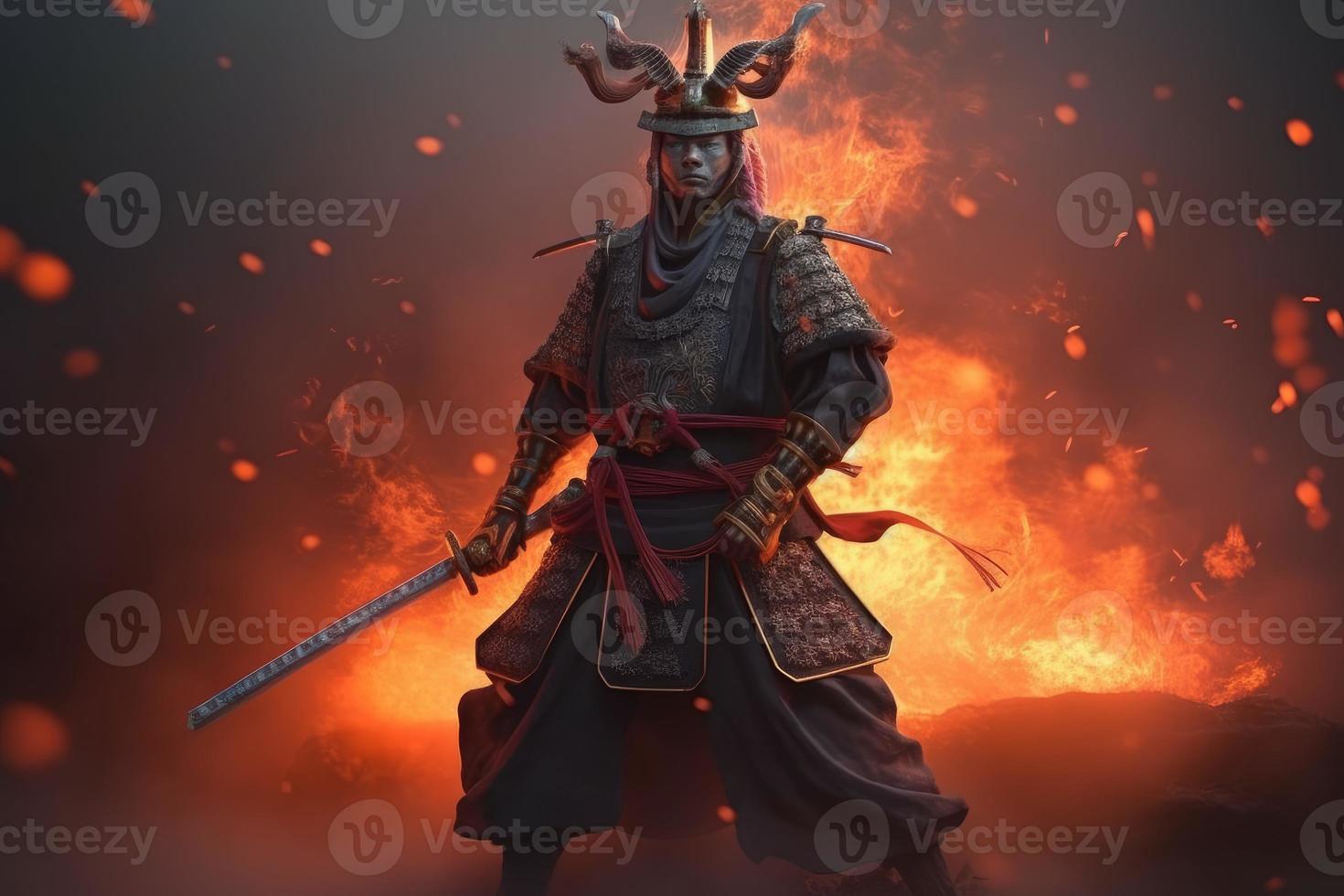 Samurai with katana flames. Generate Ai photo