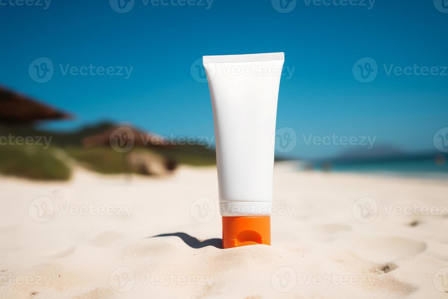 Suncream tube on beach. Generate Ai photo