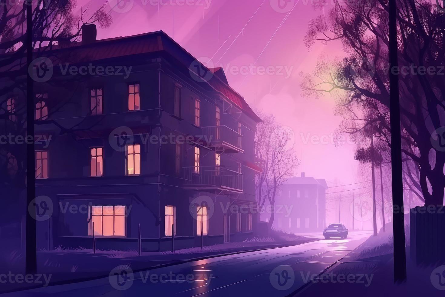 City street purple night. Generate Ai photo