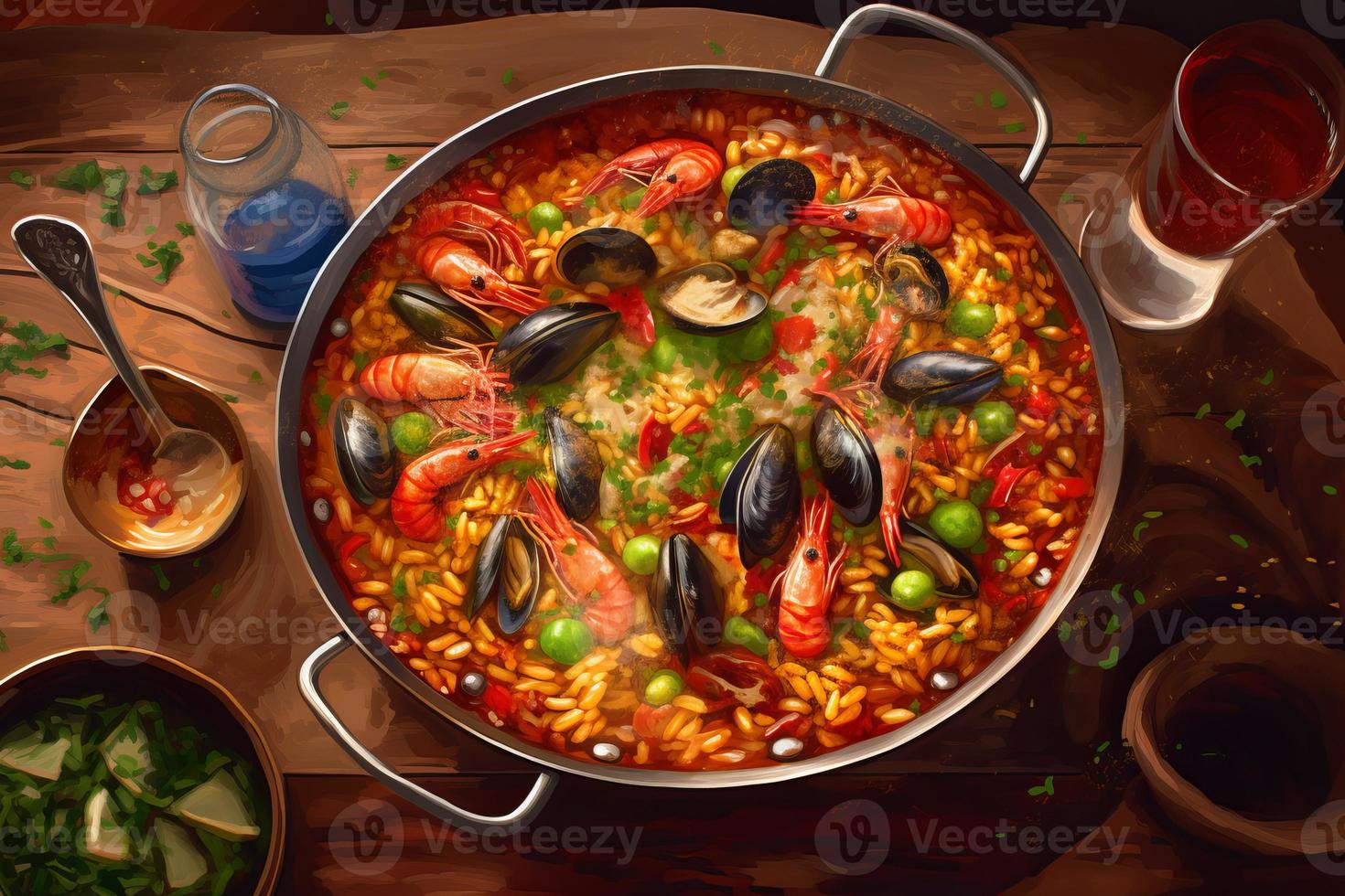 Top view paells food. Generate Ai photo