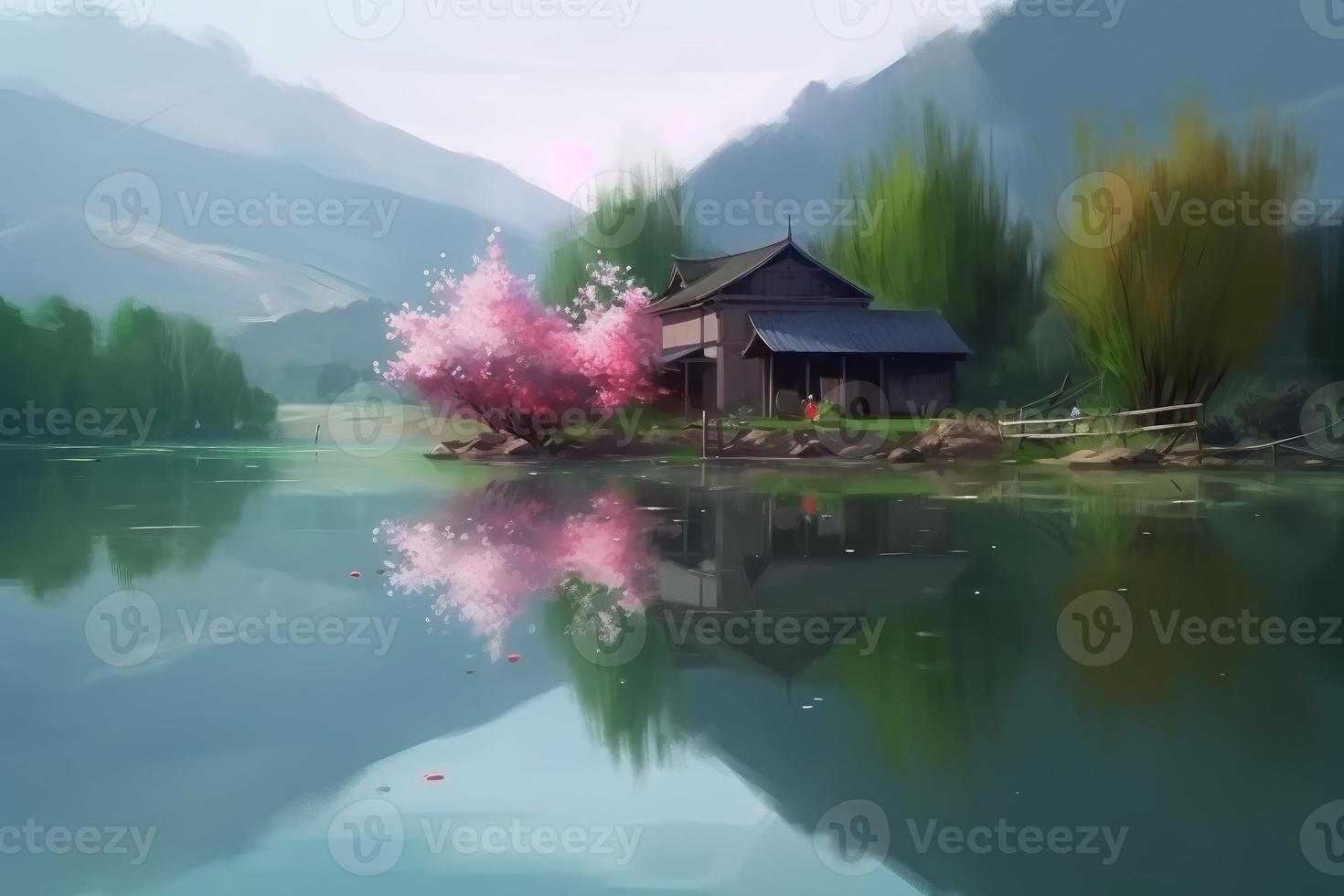 Lake spring scenery. Generate Ai photo