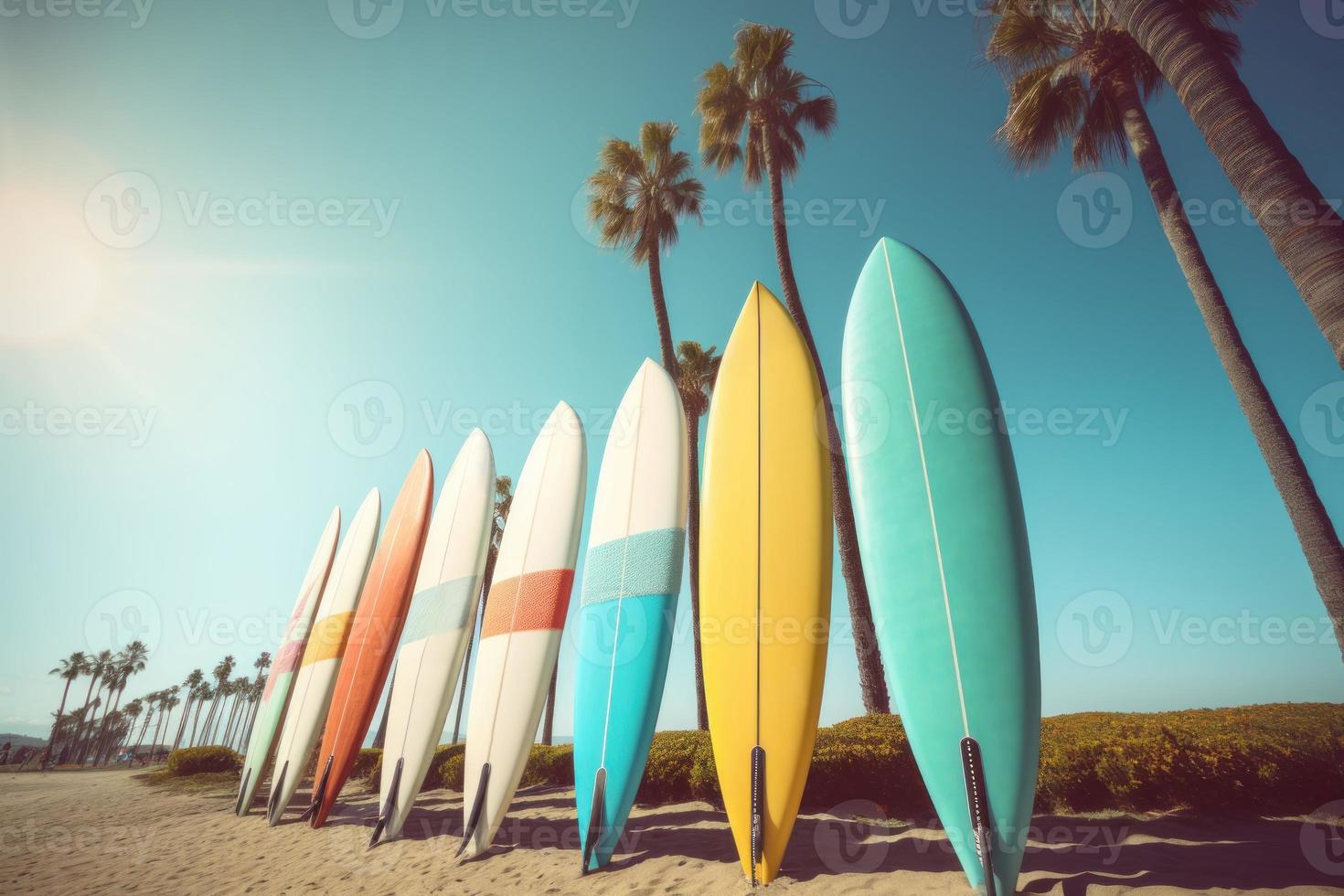 Row of surfboards near palm trees. Generate Ai photo