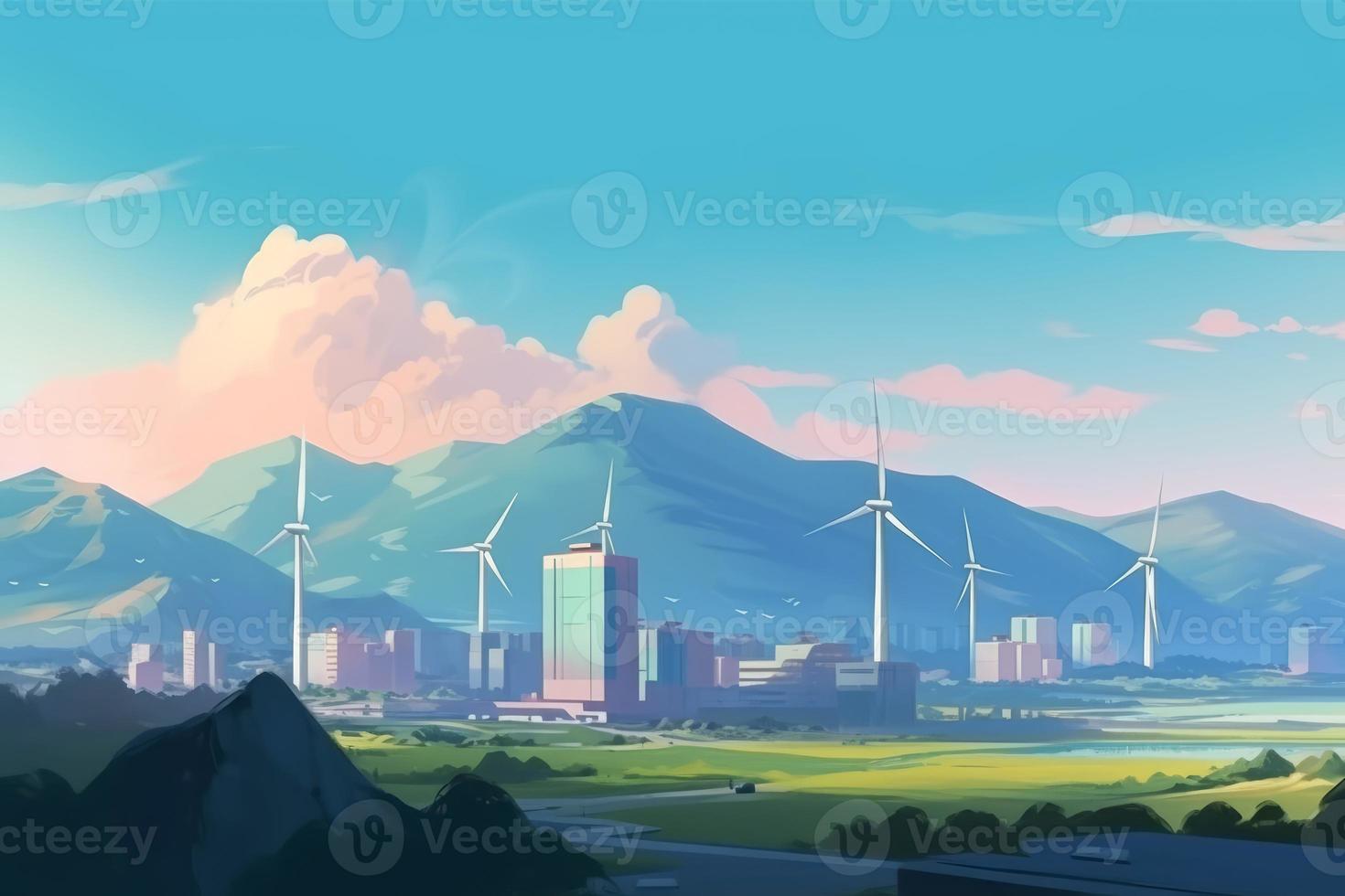 City building wind turbines. Generate Ai photo