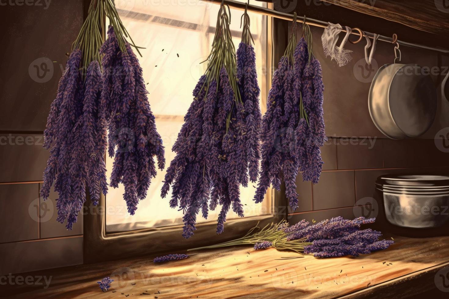 Lavander buds in morning kitchen. Generate Ai photo