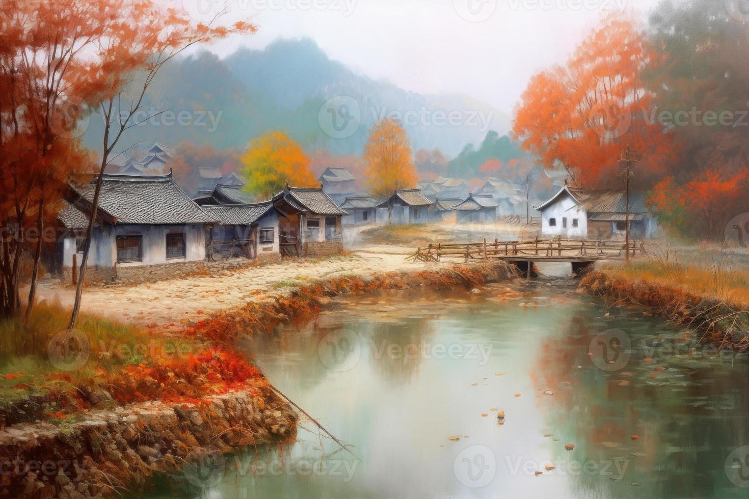 Autumn village china. Generate Ai photo