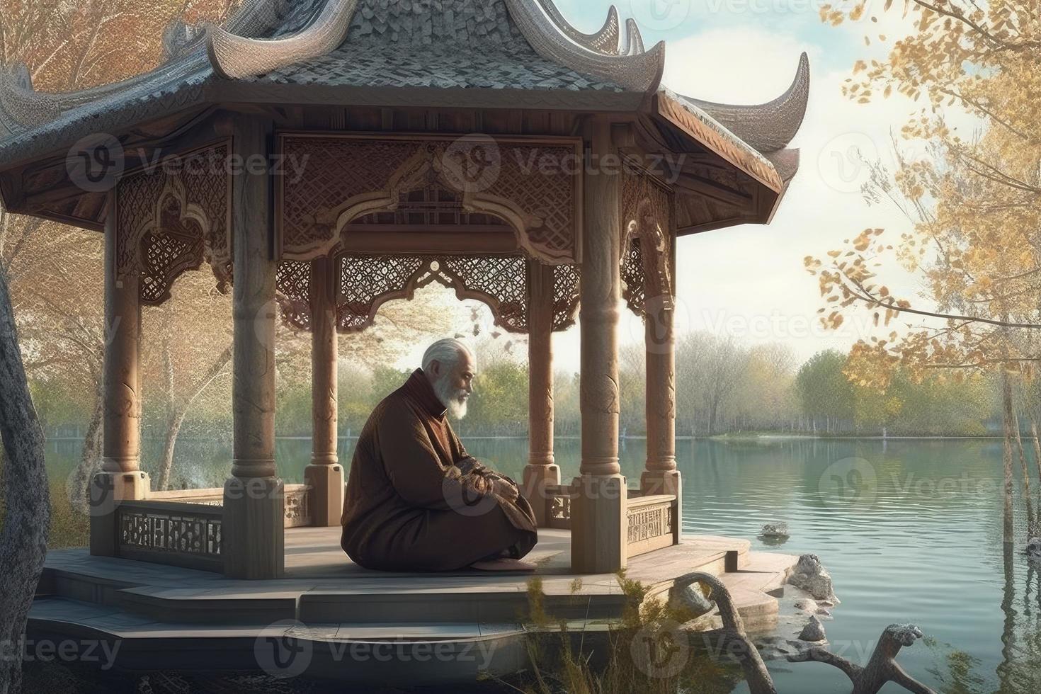 Sitting and meditating monk. Generate Ai photo
