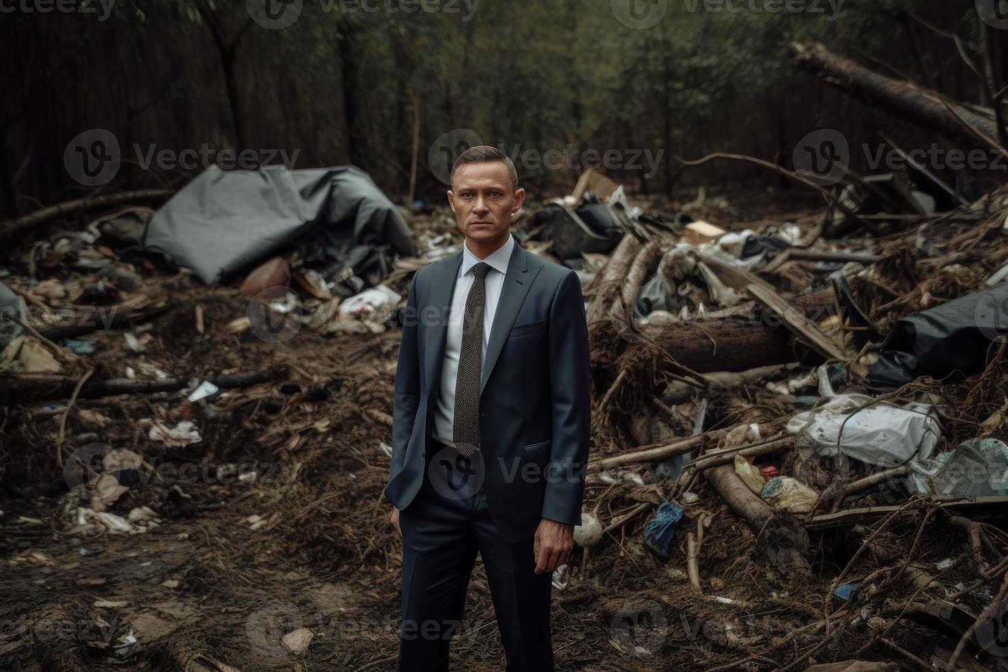 Businessman in suit stands in forest. Generate Ai photo