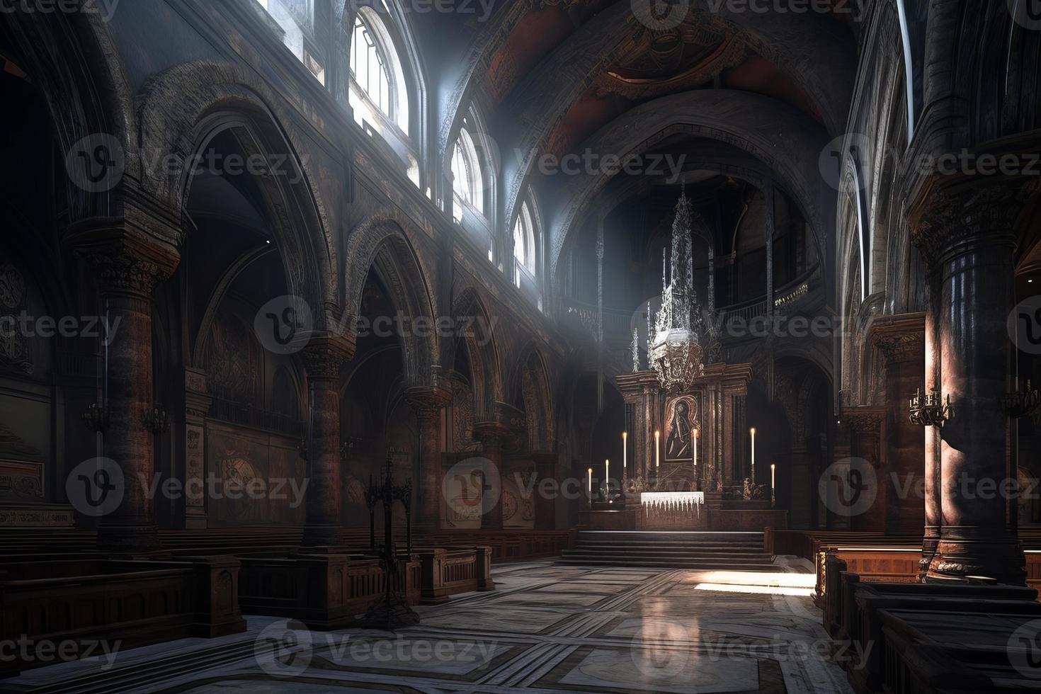 Cathedral dark interior. Generate Ai photo