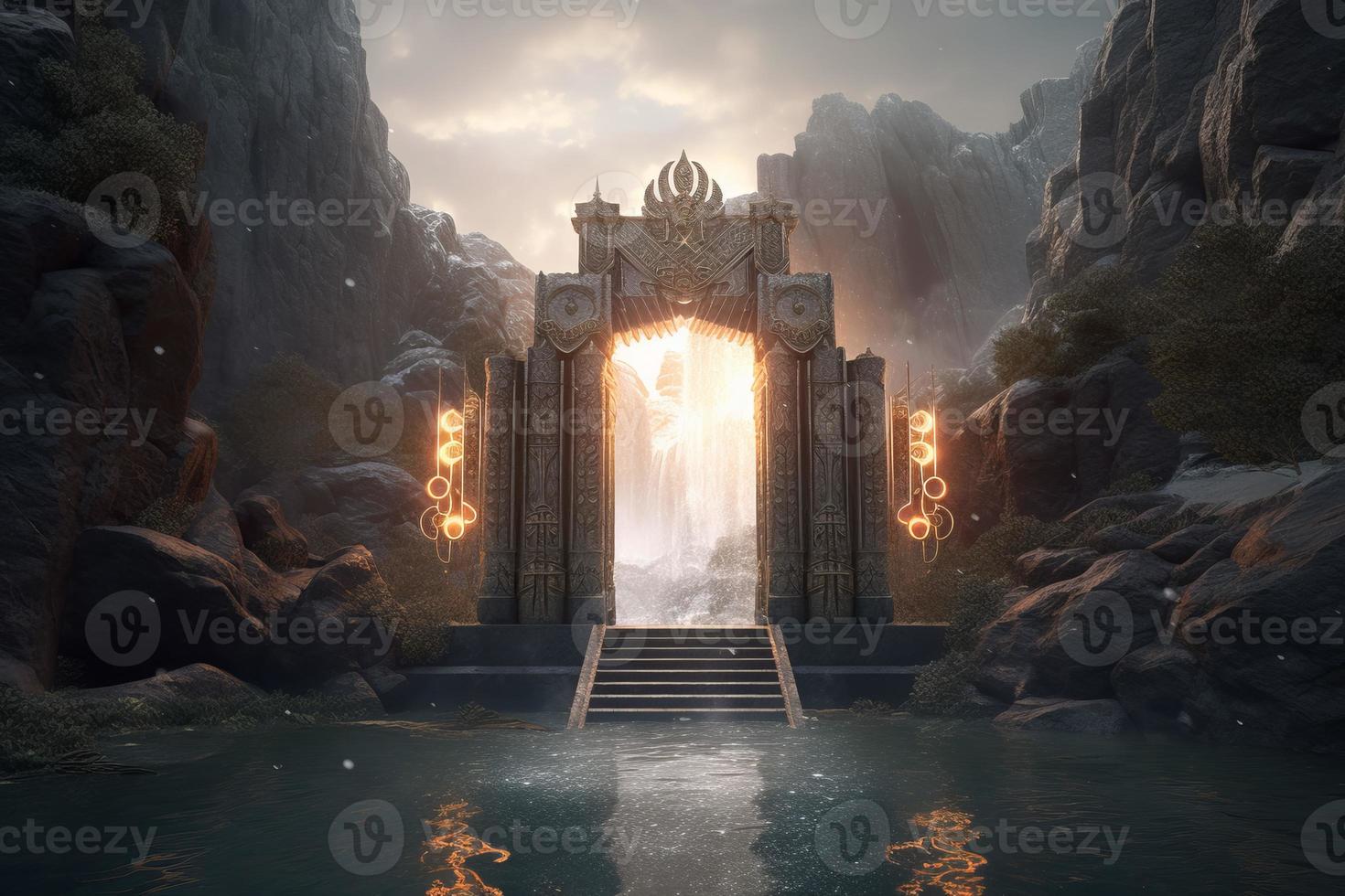 Gates to eternity near mountains. Generate Ai photo