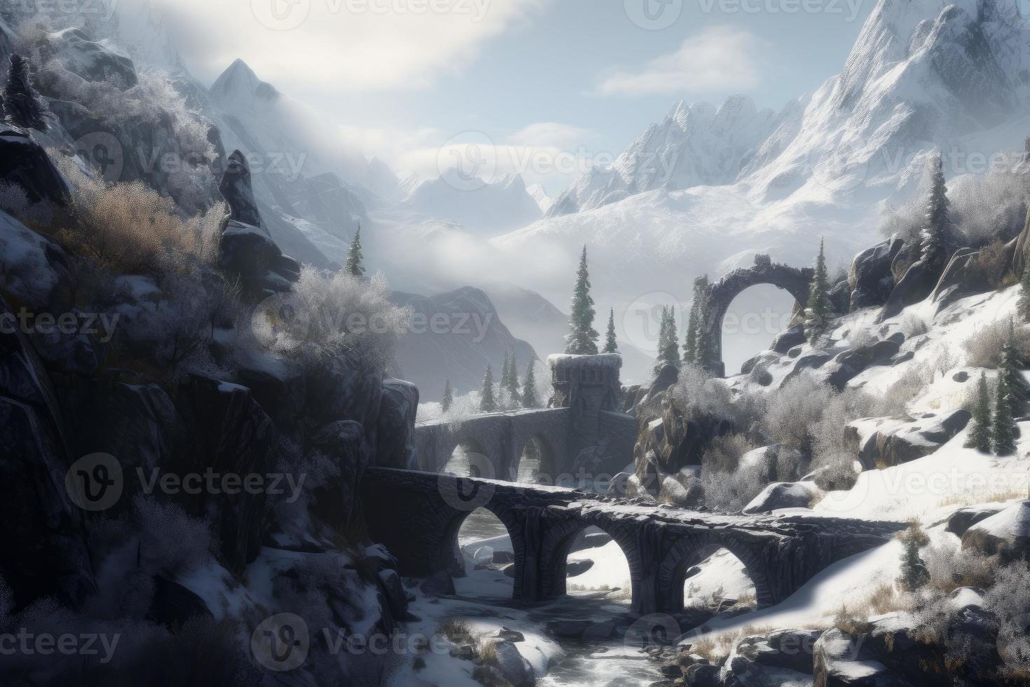 Winter bridge landscape. Generate Ai photo