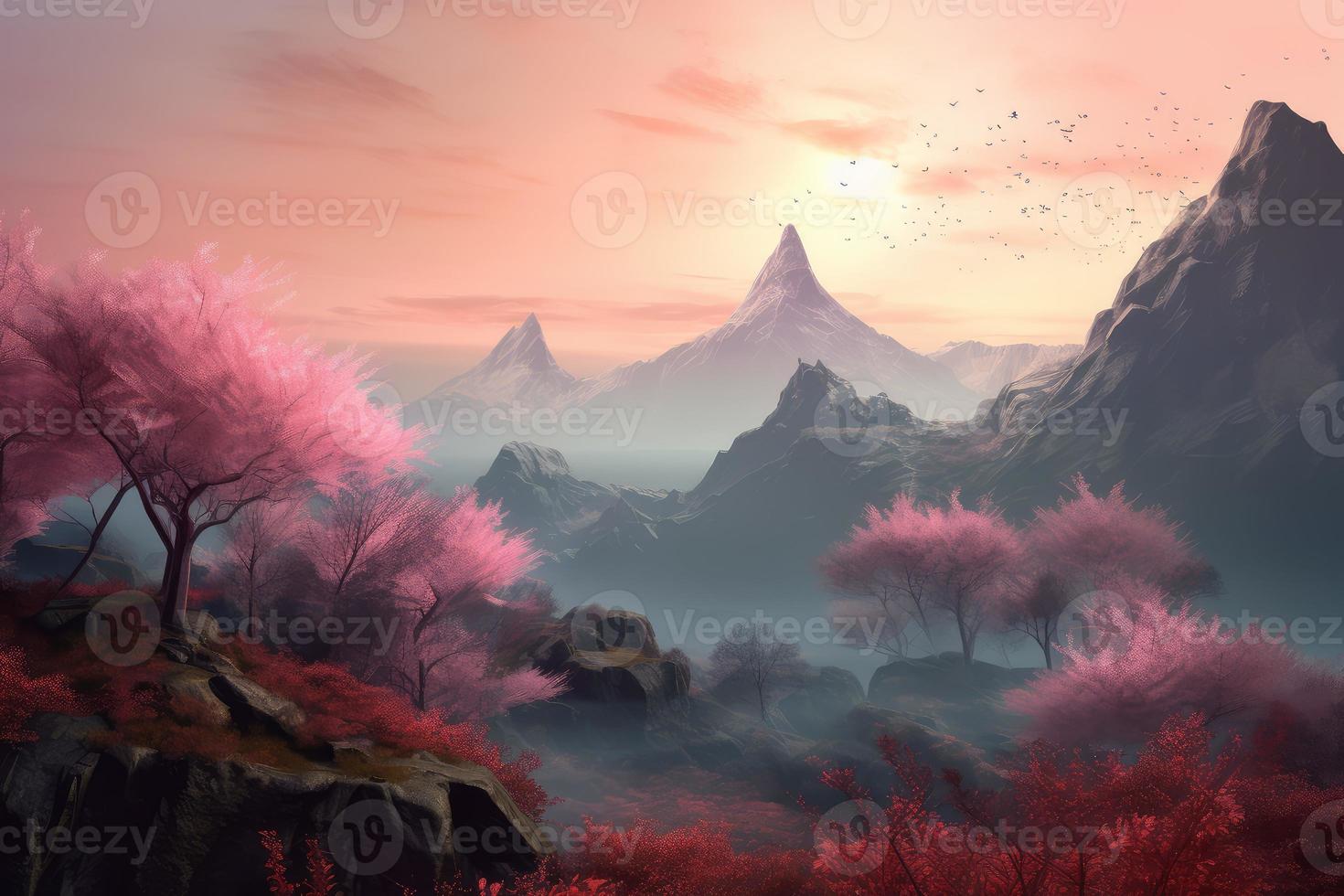 Oriental landscape sakura. Generate Ai photo