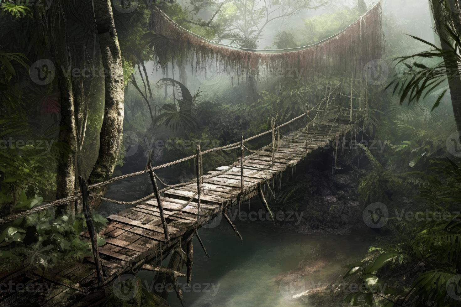 Jungle bridge after rain. Generate Ai photo