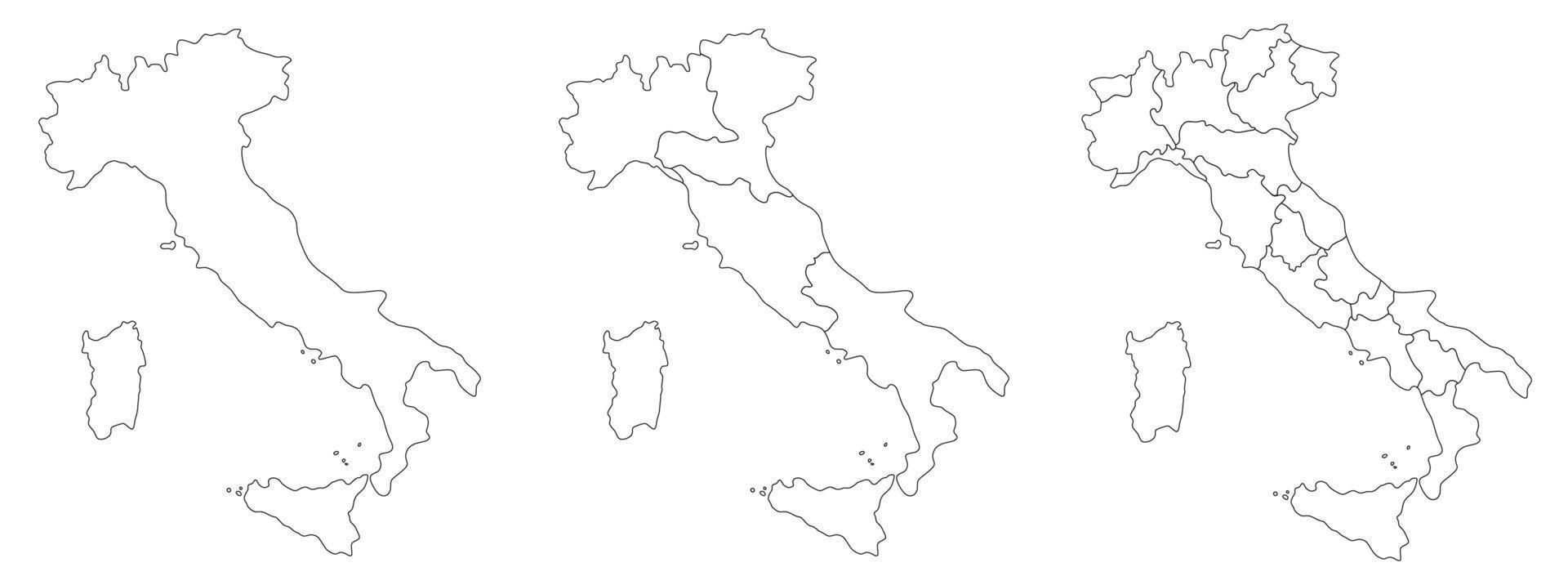 Italia mapa conjunto blanco negro contorno con regiones y administrativo mapa vector