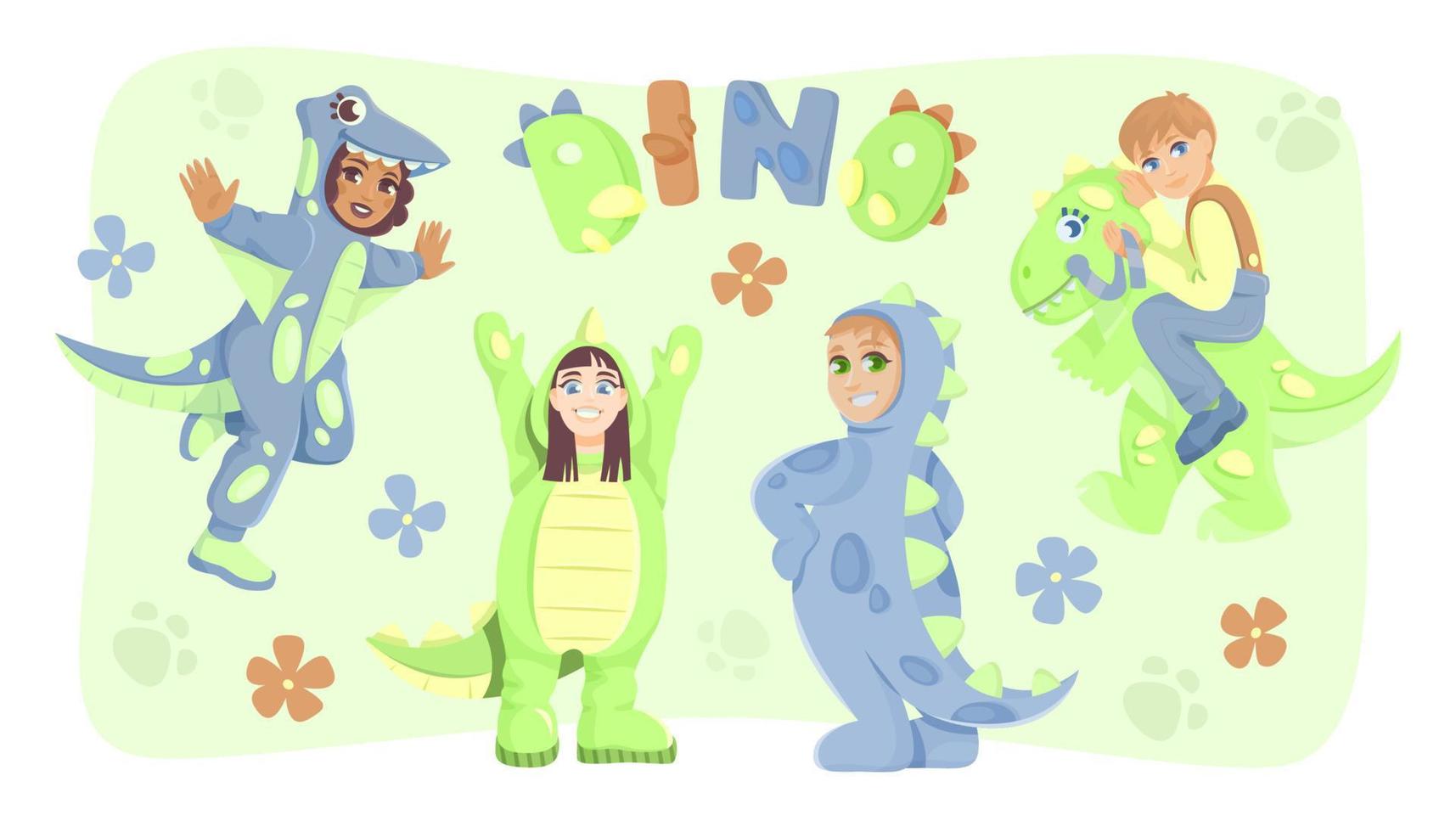 Set of cute kids in dinosaur masks, costume party, carnival, birthday party in cartoon style. vector