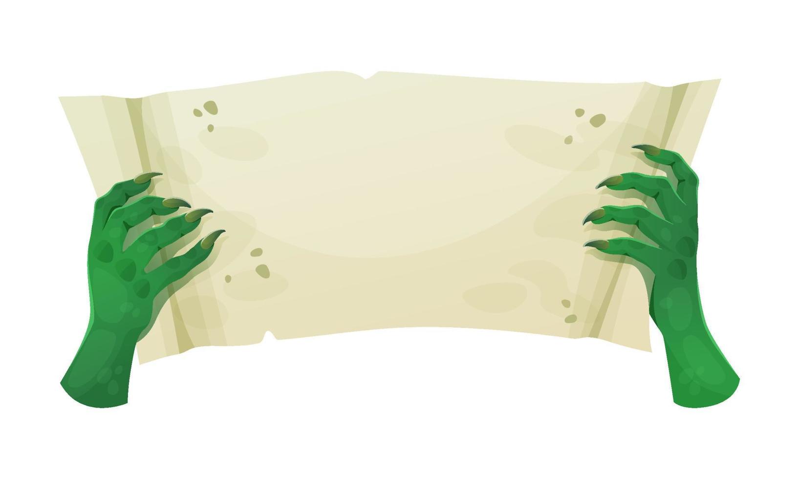 Green zombie hands holding paper scroll. Vector illustration